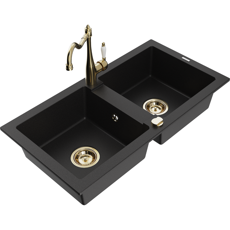 Mexen Mario zlewozmywak granitowy 2-komorowy z baterią kuchenną Carla, czarny - 6504-77-670700-50