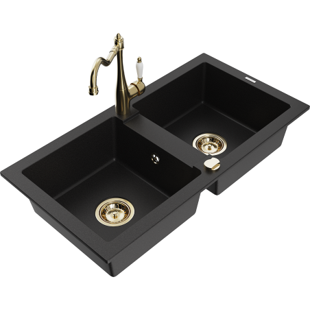 Mexen Mario zlewozmywak granitowy 2-komorowy z baterią kuchenną Carla, czarny - 6504-77-670700-50