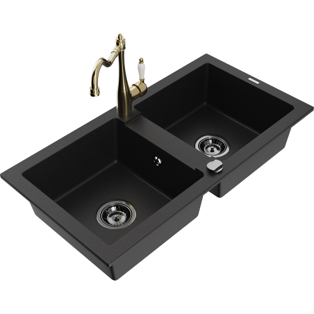 Mexen Mario zlewozmywak granitowy 2-komorowy z baterią kuchenną Carla, czarny - 6504-77-670700-50-B