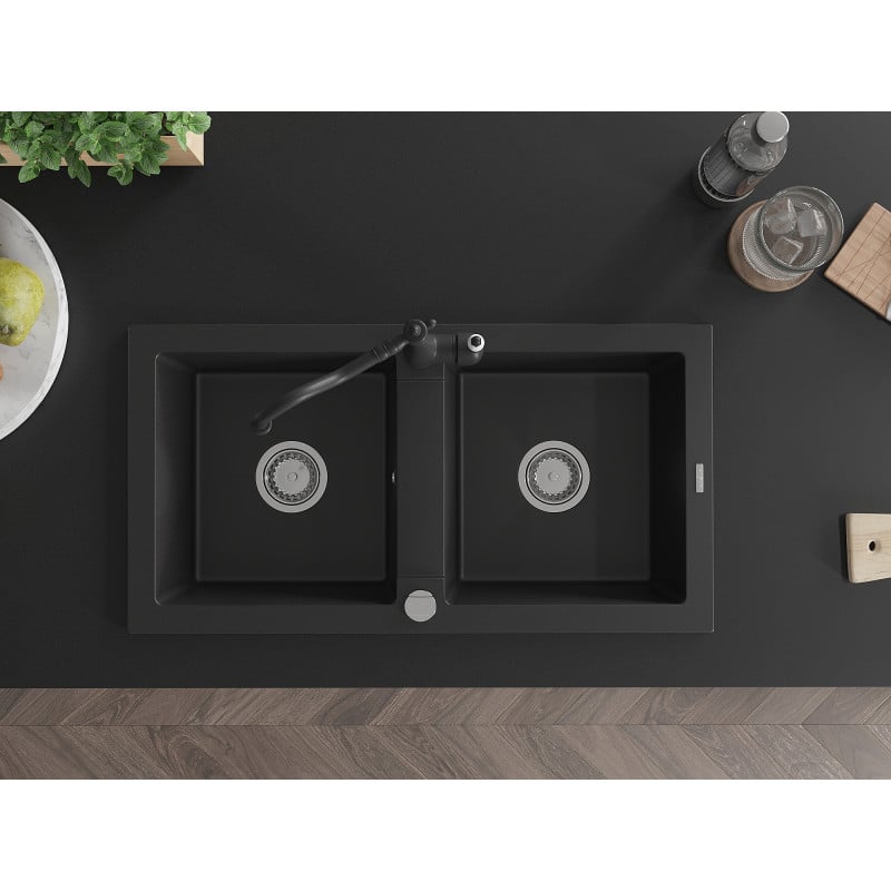 Mexen Mario zlewozmywak granitowy 2-komorowy z baterią kuchenną Carla, czarny - 6504-77-670700-70