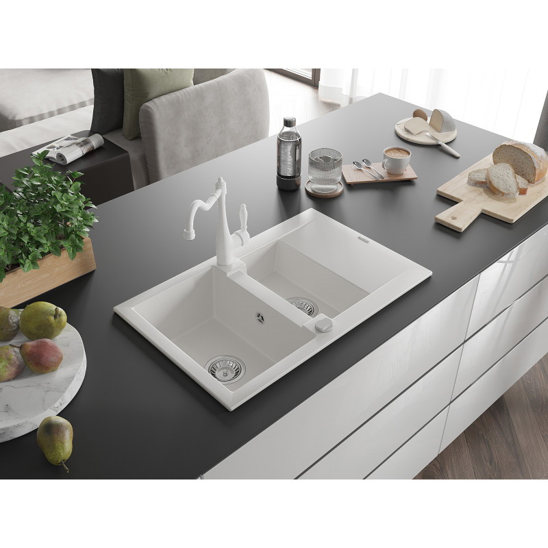 Mexen Pablo zlewozmywak granitowy 1-komorowy z ociekaczem i baterią kuchenną Carla, biały - 6510-20-670700-20