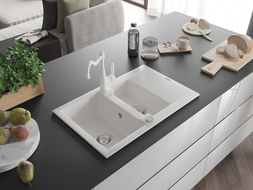 Mexen Pablo zlewozmywak granitowy 1-komorowy z ociekaczem i baterią kuchenną Carla, biały - 6510-20-670700-20