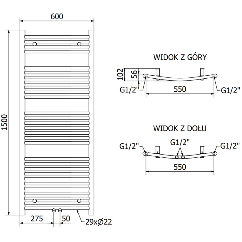 Mexen Ares grzejnik łazienkowy 1500 x 600 mm, 733 W, czarny - W102-1500-600-00-70