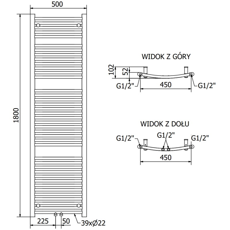 Mexen Ares grzejnik łazienkowy 1800 x 500 mm, 820 W, czarny - W102-1800-500-00-70