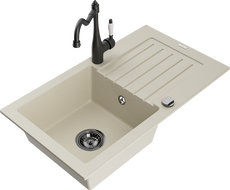 Mexen Pablo zlewozmywak granitowy 1-komorowy z ociekaczem i baterią kuchenną Carla, beżowy - 6510-69-670700-70
