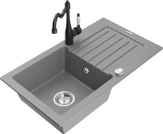 Mexen Pablo zlewozmywak granitowy 1-komorowy z ociekaczem i baterią kuchenną Carla, szary - 6510-71-670700-70