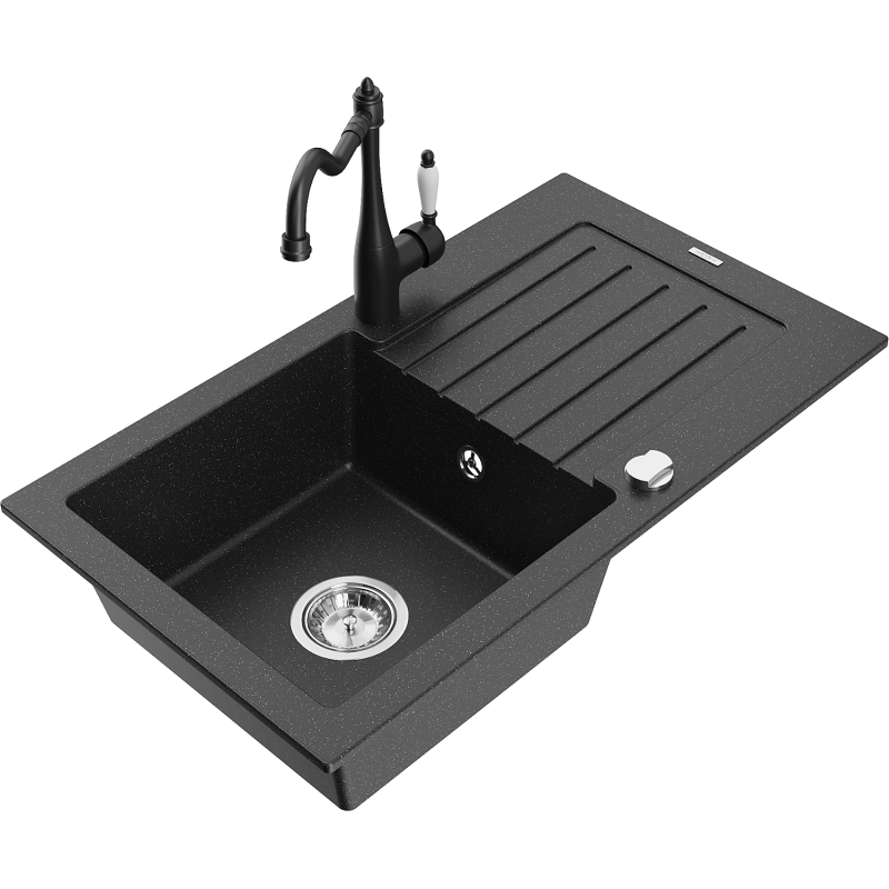 Mexen Pablo zlewozmywak granitowy 1-komorowy z ociekaczem i baterią kuchenną Carla, czarny/srebrny metalik - 6510-73-670700-70