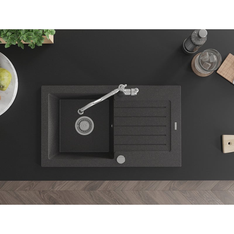 Mexen Pablo zlewozmywak granitowy 1-komorowy z ociekaczem i baterią kuchenną Carla, czarny nakrapiany - 6510-76-670700-00