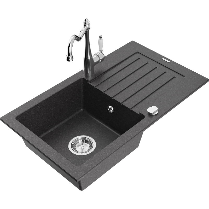 Mexen Pablo zlewozmywak granitowy 1-komorowy z ociekaczem i baterią kuchenną Carla, czarny nakrapiany - 6510-76-670700-00