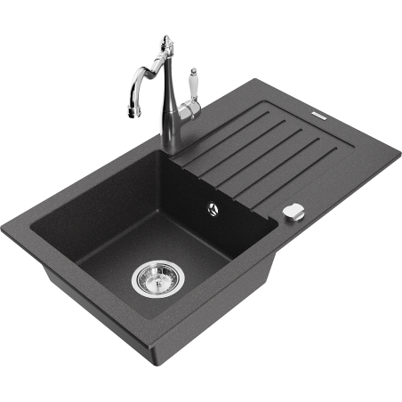 Mexen Pablo zlewozmywak granitowy 1-komorowy z ociekaczem i baterią kuchenną Carla, czarny nakrapiany - 6510-76-670700-00
