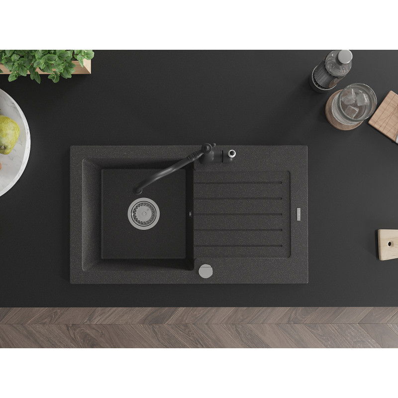 Mexen Pablo zlewozmywak granitowy 1-komorowy z ociekaczem i baterią kuchenną Carla, czarny nakrapiany - 6510-76-670700-70