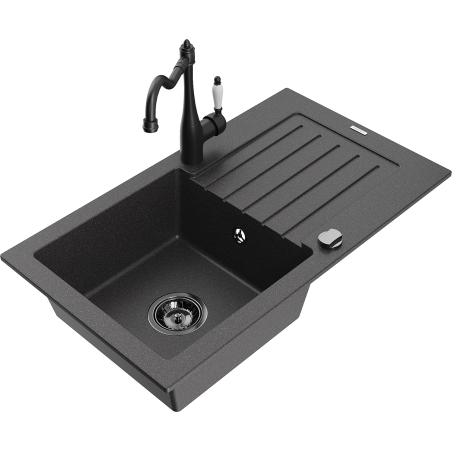 Mexen Pablo zlewozmywak granitowy 1-komorowy z ociekaczem i baterią kuchenną Carla, czarny nakrapiany - 6510-76-670700-70-B