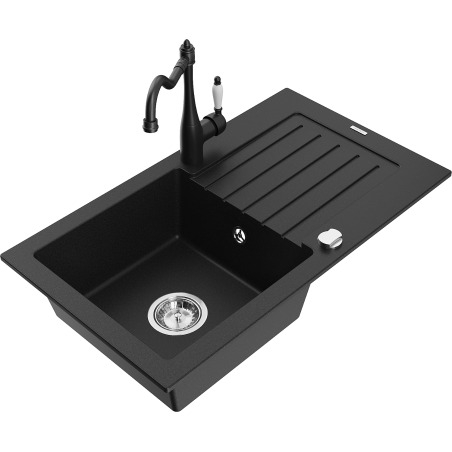 Mexen Pablo zlewozmywak granitowy 1-komorowy z ociekaczem i baterią kuchenną Carla, czarny - 6510-77-670700-70