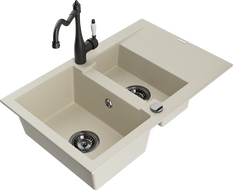 Mexen Gaspar zlewozmywak granitowy 1,5-komorowy z ociekaczem i baterią kuchenną Carla, beżowy - 6507-69-670700-70