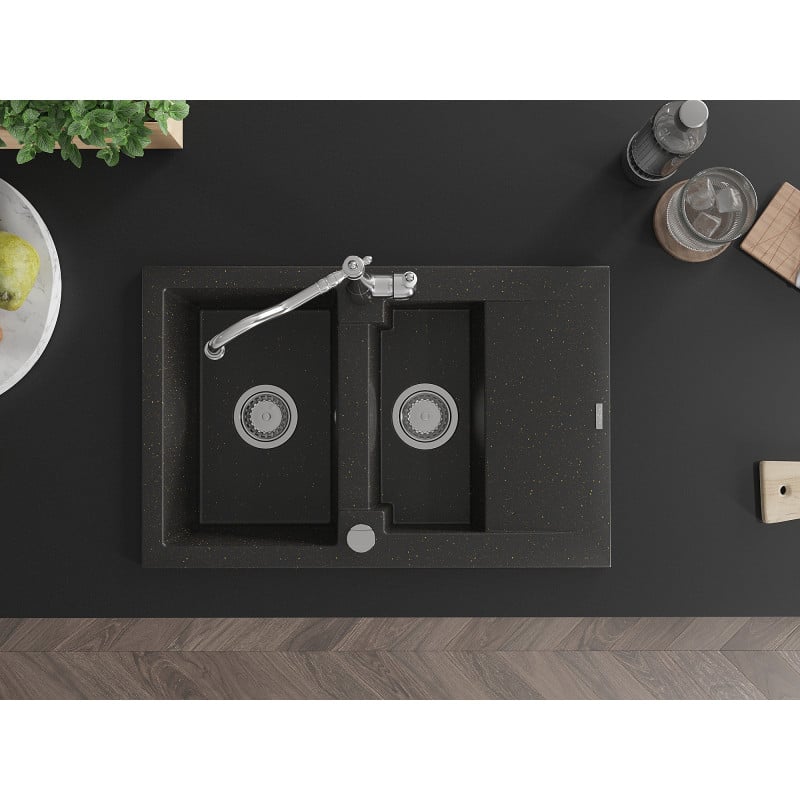 Mexen Gaspar zlewozmywak granitowy 1,5-komorowy z ociekaczem i baterią kuchenną Carla, czarny/złoty metalik - 6507-75-670700-00
