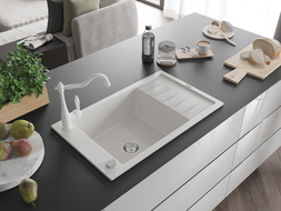 Mexen Elias zlewozmywak granitowy 1-komorowy z ociekaczem i baterią kuchenną Carla, biały - 6511-20-670700-20