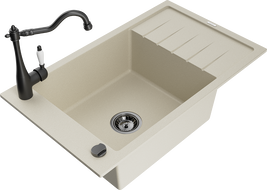 Mexen Elias zlewozmywak granitowy 1-komorowy z ociekaczem i baterią kuchenną Carla, beżowy - 6511-69-670700-70