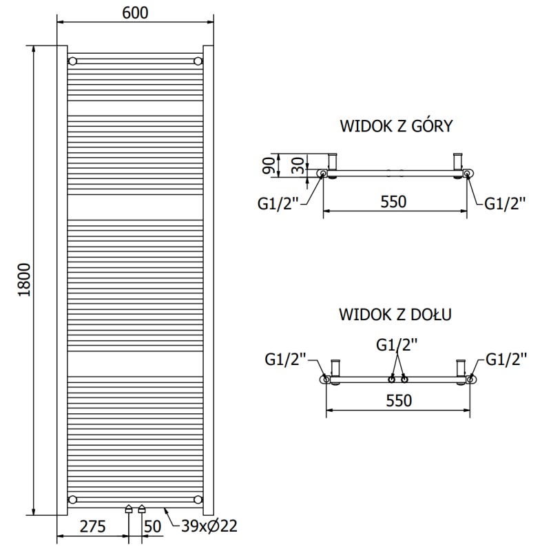 Mexen Mars grzejnik łazienkowy 1800 x 600 mm, 953 W, czarny - W110-1800-600-00-70