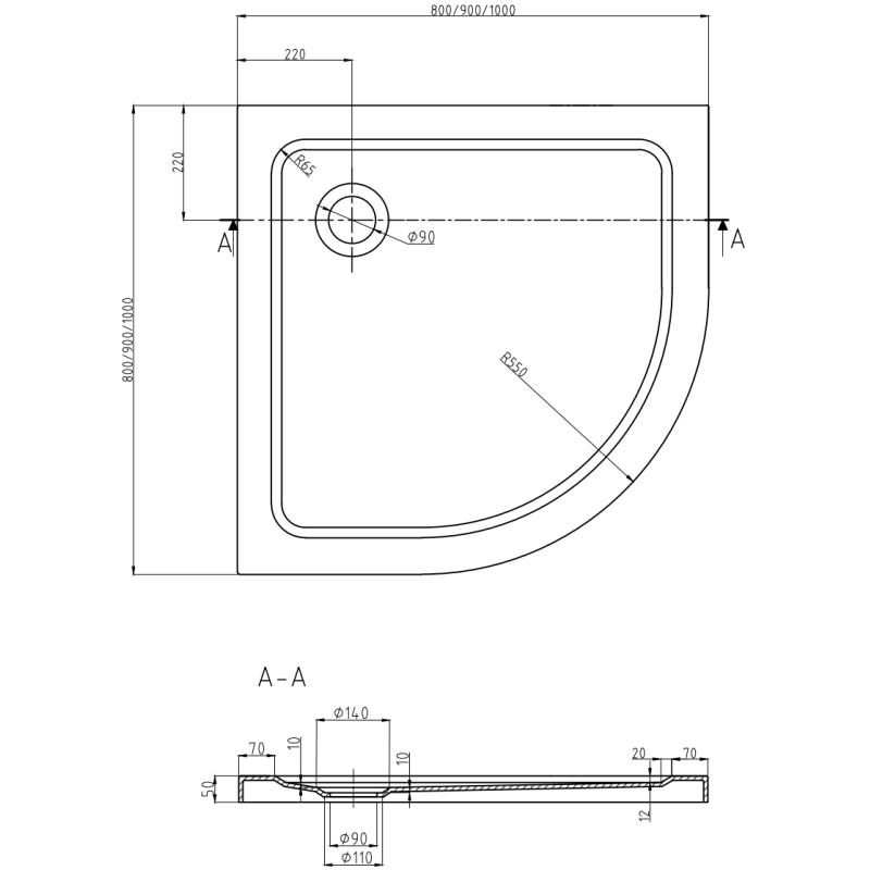 Mexen Flat brodzik półokrągły slim 80 x 80 cm, czarny, syfon czarny - 41708080B
