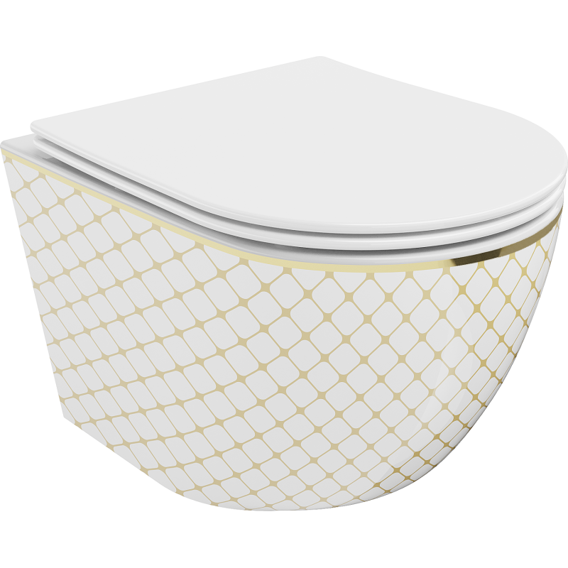 Mexen Lena miska wc Rimless z deską wolnoopadającą slim, duroplast, biała/złota wzór kratka - 30224009