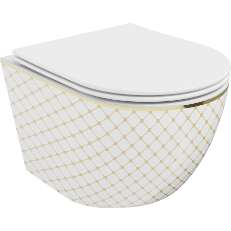 Mexen Lena miska wc Rimless z deską wolnoopadającą slim, duroplast, biała/złota wzór kratka - 30224009