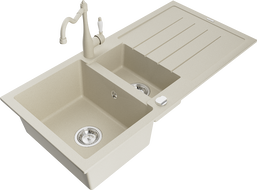 Mexen Andres zlewozmywak granitowy 1,5-komorowy z ociekaczem i baterią kuchenną Carla, beżowy - 6515-69-670700-69