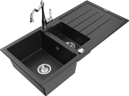Mexen Andres zlewozmywak granitowy 1,5-komorowy z ociekaczem i baterią kuchenną Carla, czarny/srebrny - 6515-73-670700-00
