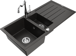 Mexen Andres zlewozmywak granitowy 1,5-komorowy z ociekaczem i baterią kuchenną Carla, czarny/złoty metalik - 6515-75-670700-00