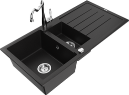 Mexen Andres zlewozmywak granitowy 1,5-komorowy z ociekaczem i baterią kuchenną Carla, czarny - 6515-77-670700-00