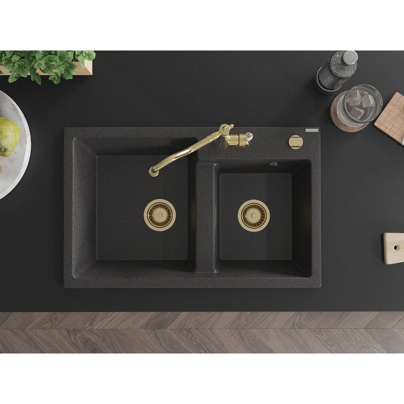 Mexen Tomas zlewozmywak granitowy 2-komorowy z baterią kuchenną Carla, czarny nakrapiany - 6516-76-670700-50