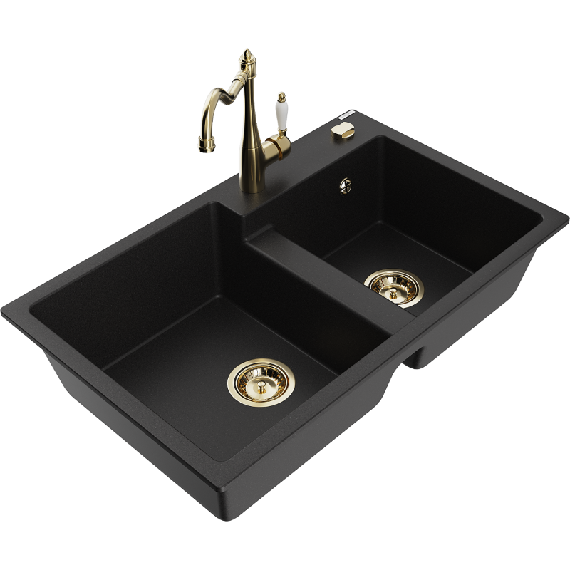 Mexen Tomas zlewozmywak granitowy 2-komorowy z baterią kuchenną Carla, czarny - 6516-77-670700-50