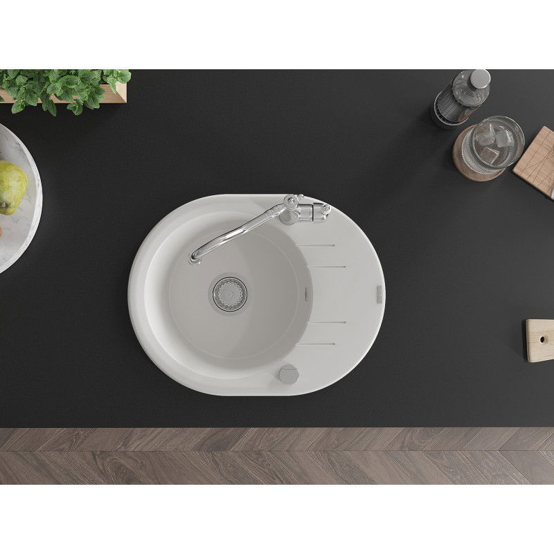 Mexen Kevin zlewozmywak granitowy 1-komorowy z ociekaczem i baterią kuchenną Carla, biały - 6517-20-670700-00