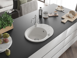 Mexen Kevin zlewozmywak granitowy 1-komorowy z ociekaczem i baterią kuchenną Carla, biały - 6517-20-670700-00