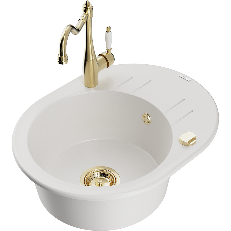 Mexen Kevin zlewozmywak granitowy 1-komorowy z ociekaczem i baterią kuchenną Carla, biały - 6517-20-670700-50