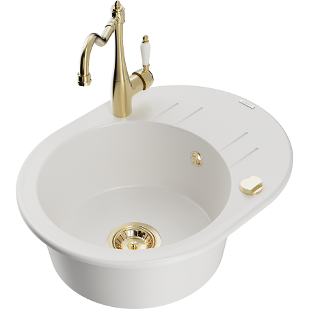 Mexen Kevin zlewozmywak granitowy 1-komorowy z ociekaczem i baterią kuchenną Carla, biały - 6517-20-670700-50