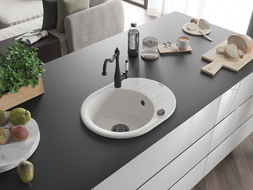 Mexen Kevin zlewozmywak granitowy 1-komorowy z ociekaczem i baterią kuchenną Carla, biały - 6517-20-670700-70