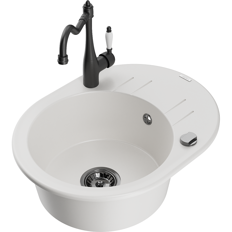 Mexen Kevin zlewozmywak granitowy 1-komorowy z ociekaczem i baterią kuchenną Carla, biały - 6517-20-670700-70