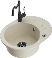 Mexen Kevin zlewozmywak granitowy 1-komorowy z ociekaczem i baterią kuchenną Carla, beżowy - 6517-69-670700-70