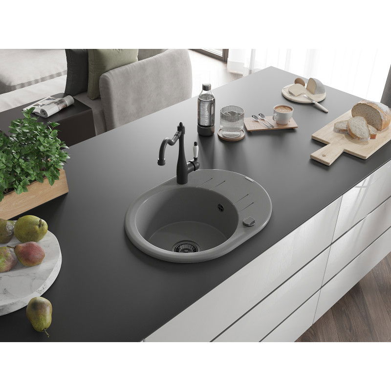 Mexen Kevin zlewozmywak granitowy 1-komorowy z ociekaczem i baterią kuchenną Carla, szary - 6517-71-670700-70-B