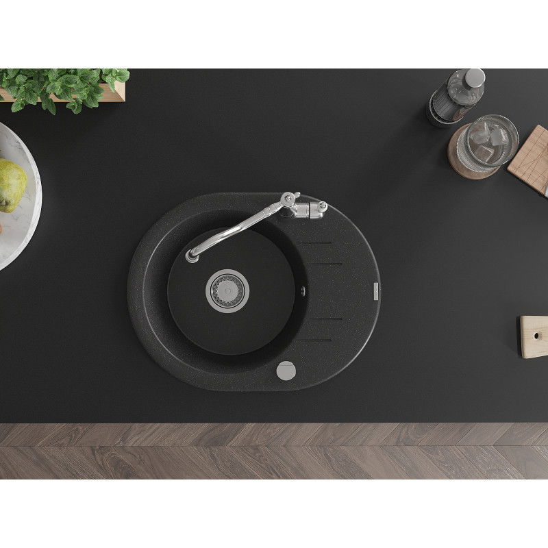Mexen Kevin zlewozmywak granitowy 1-komorowy z ociekaczem i baterią kuchenną Carla, czarny/srebrny metalik - 6517-73-670700-00