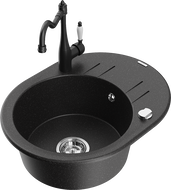 Mexen Kevin zlewozmywak granitowy 1-komorowy z ociekaczem i baterią kuchenną Carla, czarny/srebrny metalik - 6517-73-670700-70