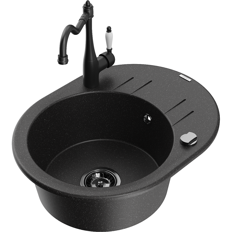 Mexen Kevin zlewozmywak granitowy 1-komorowy z ociekaczem i baterią kuchenną Carla, czarny/srebrny metalik - 6517-73-670700-70-B