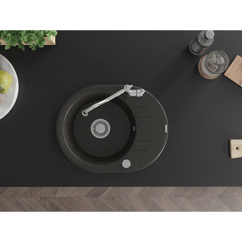Mexen Kevin zlewozmywak granitowy 1-komorowy z ociekaczem i baterią kuchenną Carla, czarny/złoty metalik - 6517-75-670700-00