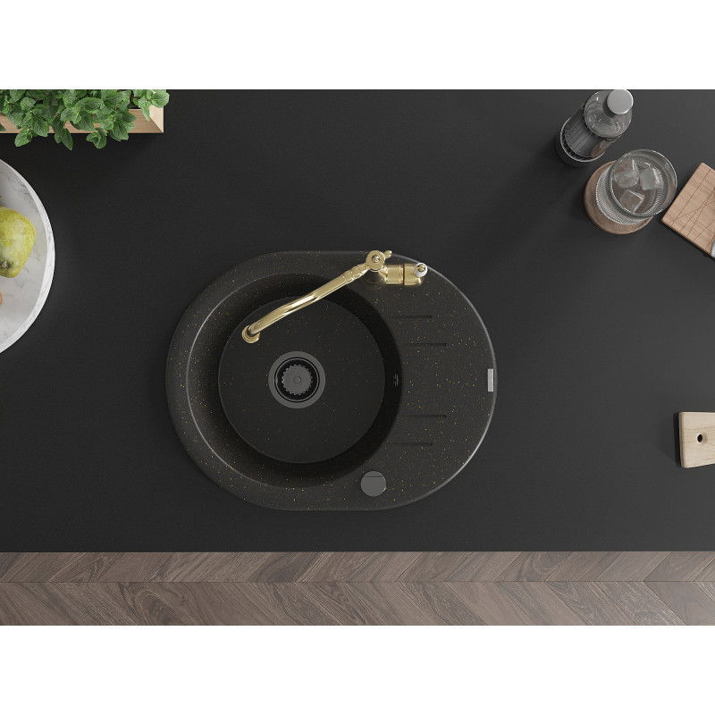 Mexen Kevin zlewozmywak granitowy 1-komorowy z ociekaczem i baterią kuchenną Carla, czarny/złoty metalik - 6517-75-670700-50-B