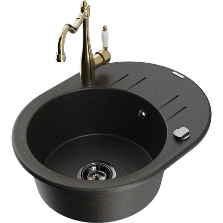 Mexen Kevin zlewozmywak granitowy 1-komorowy z ociekaczem i baterią kuchenną Carla, czarny/złoty metalik - 6517-75-670700-50-B