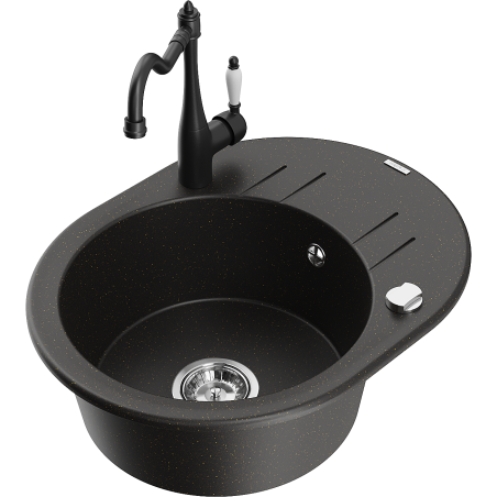 Mexen Kevin zlewozmywak granitowy 1-komorowy z ociekaczem i baterią kuchenną Carla, czarny/złoty metalik - 6517-75-670700-70