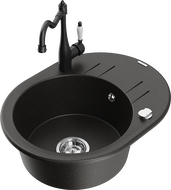 Mexen Kevin zlewozmywak granitowy 1-komorowy z ociekaczem i baterią kuchenną Carla, czarny/złoty metalik - 6517-75-670700-70