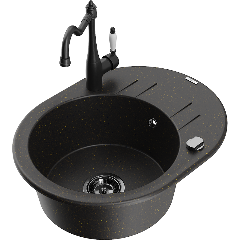 Mexen Kevin zlewozmywak granitowy 1-komorowy z ociekaczem i baterią kuchenną Carla, czarny/złoty metalik - 6517-75-670700-70-B