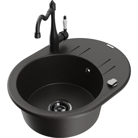 Mexen Kevin zlewozmywak granitowy 1-komorowy z ociekaczem i baterią kuchenną Carla, czarny/złoty metalik - 6517-75-670700-70-B