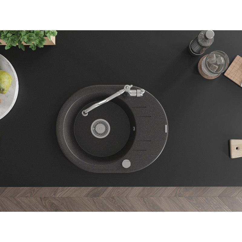 Mexen Kevin zlewozmywak granitowy 1-komorowy z ociekaczem i baterią kuchenną Carla, czarny nakrapiany - 6517-76-670700-00